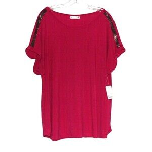 89th Madison Top Womens 2Xl Bejeweled Pink Cap Sleeve Shirt Tunic Blouse NWT
